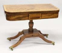 A GOOD REGENCY MAHOGANY FOLD OVER TEA TABLE OF 'D' SHAPE, the top cross banded with satinwood and