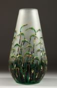AN ART DECO TAPERING FROSTED PAINTED GLASS VASE. 10ins high.