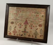 A FRAMED AND GLAZED SAMPLER, Morish Goodrich. 16ins x 21ins.