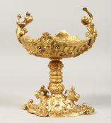 A GOOD GILT BRONZE COMPORT with cherubs. 9.5ins high.