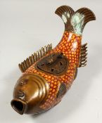A LARGE CLOISONNE FISH CENSER AND COVER. 12ins long.