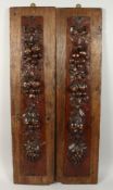 A GOOD PAIR OF 17TH/18TH CENTURY CARVED FRUITWOOD PANELS. 35ins X 4.5ins in an oak frame