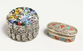 TWO SILVER AND ENAMEL PILL BOXES.