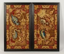 A PAIR OF GROS POINT EMBROIDERIES, dragon type creatures, framed and glazed.