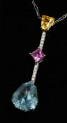 A DIAMOND, BLUE TOPAZ, PINK, AND YELLOW SAPPHIRE PENDANT.