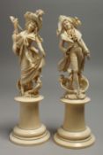 A VERY GOOD PAIR OF EUROPEAN CARVED IVORY FIGURES, GALLANT AND LADY on ivory plinth. 10ins high.