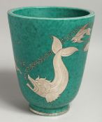 GUSTAV SBED (SWEDISH) A MOTTLED GREEN VASE with silver fish and dragon type fish. 8ins high.