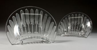 A PAIR OF LALIQUE HALF MOON SHAPED DISHES 8ins.