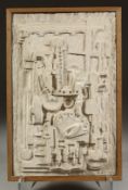 A PARIS PLASTER CUBIST PATTERN PANEL. Signed N. Harris, Paris. 13ins x 10ins