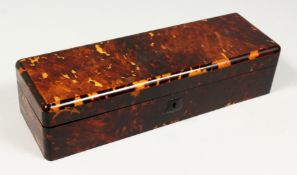 A GOOD 19TH CENTURY TORTOISESHELL LONG BOX AND COVER with velvet liner. 11.5ins long.