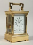 A VERY GOOD FRENCH BRASS CARRIAGE CLOCK, Rapport Fondes, 1900, with four dials, repeat button,