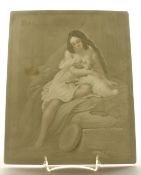 A WHITE UNFRAMED LITHOPHANE OF A YOUNG GIRL with a dog. 12ins x 9.5ins.