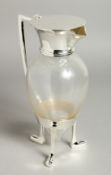 A GOOD CHRISTOPHER DRESSER DESIGN GLASS AND SILVER-PLATED CLARET JUG 10ins high.