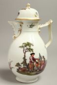 AN 18TH CENTURY MEISSEN COFFEE POT AND COVER painted with reverse scenes of figures and sprigs of
