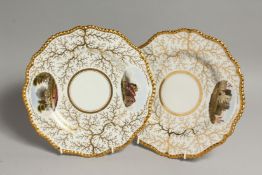 A BARR FLIGHT AND BARR PAIR OF PLATES with seaweed gilding, one painted with All Saints Church,