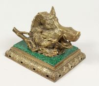 A19TH CENTURY BRASS AND FAUX-MALACHITE BOARS HEAD INKSTAND. 7ins.