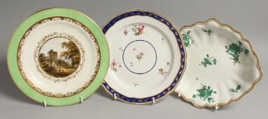 AN 18TH CENTURY DERBY PLATE painted with a Fairy Castle, Somersetshire, under a lime green border,