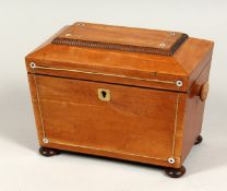 A REGENCY MAHOGANY 2 DIVISION TEA CADDY with mother of pearl inlay and brass liners on bun feet. 7.