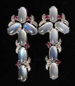 A SUPERB PAIR OF 18CT WHITE GOLD MOONSTONE RUBY AND DIAMOND DROP EARRINGS.