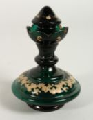 A BOHEMIAN GREEN GLASS SCENT BOTTLE AND STOPPER. 4.5ins high.