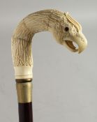 A WALKING STICK with carved bone handle 'Eagle head'. 35ins long.