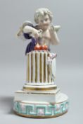 A 19TH CENTURY DRESDEN PORCELAIN CUPID with the fire of love 7.5ins high.
