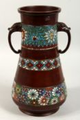 A LARGE CHINESE BRONZE TWO HANDLED CLOISONNE ENAMEL VASE. 13ins high.