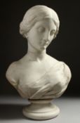 A VICTORIAN CARVED WHITE MARBLE BUST OF A YOUNG LADY. 20ins high.