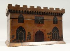 A RARE CASTLE PAINTED TEA CADDY with rising top and filled interior. 11.5ins long, 7ins diameter.