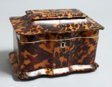 A GOOD REGENCY, TORTOISESHELL, SHAPED BOW FRONTED, TWO DIVISION TEA CADDY on bun feet. 7.5ins long.