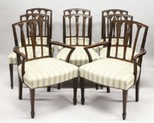 A GOOD SET OF EIGHT HEPPLEWHITE MAHOGANY DINING CHAIRS, two with arms, all with curving cresting