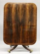 A GOOD REGENCY ROSEWOOD TILT TOP BREAKFAST TABLE, of rounded rectangular shape, boxwood strung
