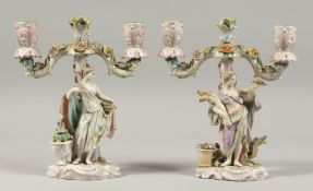 A CONTINENTAL PORCELAIN CANDLESTICK GROUP two young ladies with double scrolling candles branches,