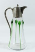 A GOOD ART DECO GLASS TAPERING WINE JUG with pewter mount and handle.