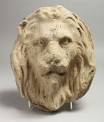 A CARVED STONE LION'S HEAD ROUNDEL, possibly Roman. 9ins x 7ins.