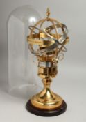 A GOOD EIGHT DAY BRASS AND STEEL ORRERY CLOCK in a glass dome. 17ins high.