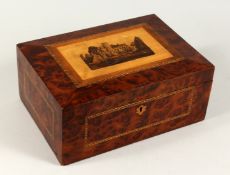 A TUNBRIDGE WARE SEWING BOX, the lid with a building in micro mosaic. 12ins long.