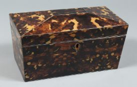 A FAUX TORTOISESHELL TWO DIVISION TEA CADDY 9.5ins high.
