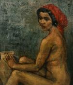 20th Century French School, a study of a seated female nude in a red headscarf, oil on board, 27