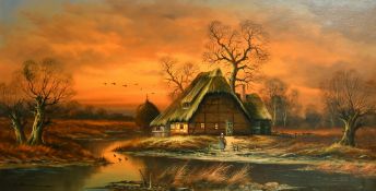 Horst Baumgart (b.1932) A homestead on the river in winter with the sun setting, oil on canvas,