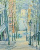 Early 20th Century, View of a street scene from the top of tree lined steps, oil on canvas, 24