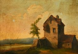 19th Century, A stone dwelling near a river by a tree, oil on panel, 7