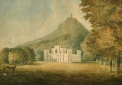 British School (c.1850) A neogothic stately home in a park beside a mount, watercolour, 8.25