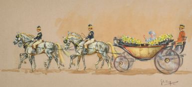 John King (1829-2014) British, A scene of the Queen Mother in an open top horse drawn carriage