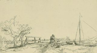 After Rembrandt, A pair of landscape prints, Dwellings by a track, 7