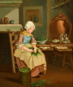 19th Century French, Interior kitchen scene with a seated servant preparing food, oil on canvas,