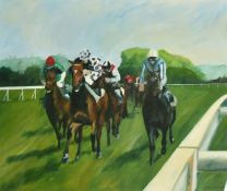 A. Langmead (21st Century) Racing Horses with jockeys, oil on canvas, signed and dated '87, 25