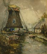 George Horton, A Dutch canal scene with a windmill, watercolour, signed, 12.25