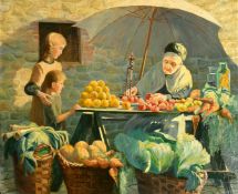 Early 20th Century School, a scene of children at a vegetable market, oil on canvas, 30