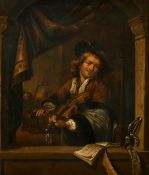 After Gerrit Dou, a scene of a gentleman playing a fiddle as seen through an arched window, along